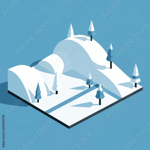 Isometric illustration of snowy landscape with trees.
