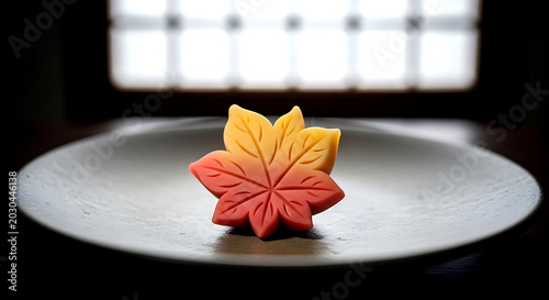 Wabi sabi aesthetic. a single, irregularly shaped nerikiri wagashi (Japanese sweet) sculpted into a delicate autumn leaf or flower, on a shikkui (Japanese plaster) 