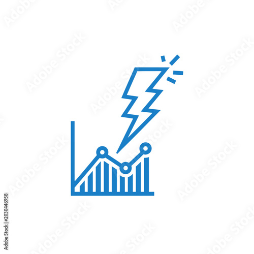 Blue line icon of a lightning bolt striking business chart