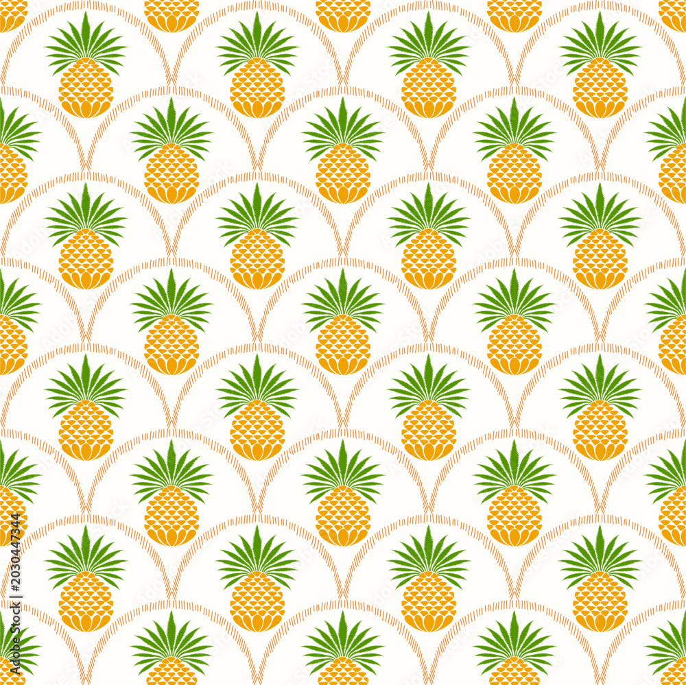 Fototapeta premium Bright seamless pineapple pattern with tropical fruit illustrations on a soft background. Fun summer design.