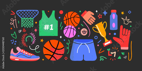 basketball themed sticker set hand drawn doodle style