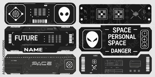 futuristic ticket patches with alien and space themes black and white