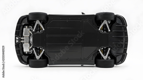 Underbody of a Black Luxury Sports Car with Clean Undercarriage and Rear Diffuser