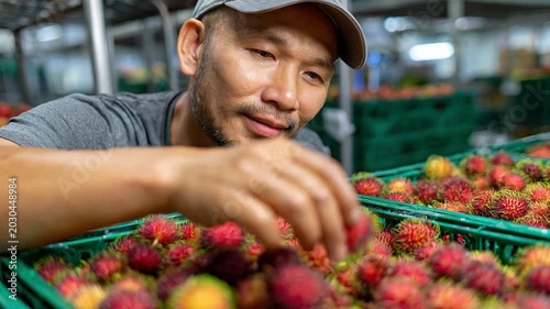 Fruit Vendor Inspects Rambutan: A male fruit vendor with a focused expression meticulously inspects a crate overflowing with fresh, ripe rambutan, ready for sale.