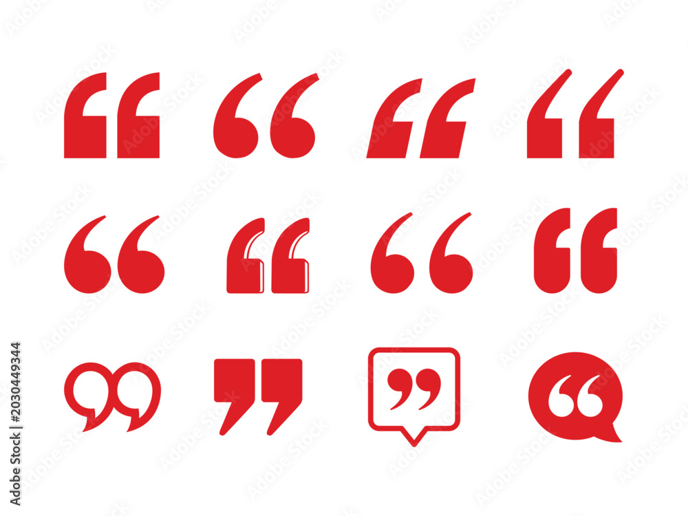 Obraz premium Set of red quotation marks and speech bubble icons in various typography styles. Clean vector commas symbols isolated on a white background for quote layouts.