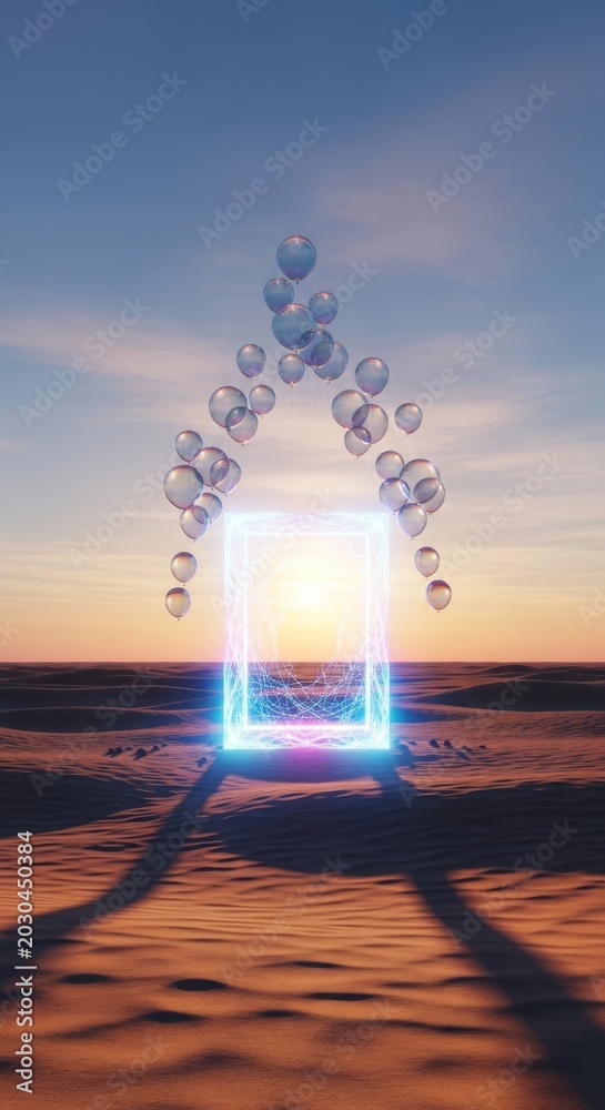 Obraz premium A glowing holographic frame stands in a vast desert landscape as iridescent balloons float gently under the warm glow of soft sunlight, vast, creative, rendering