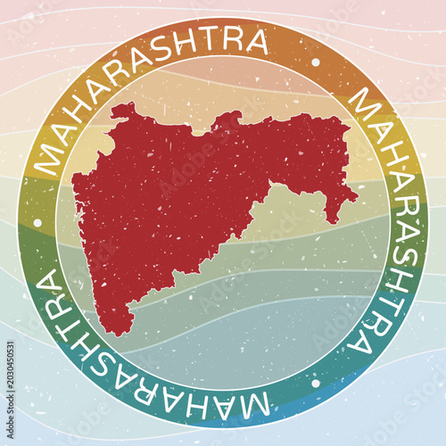 Vintage Maharashtra, India Round Logo. Distressed wave stripes State badge with grunge scratch texture. Maharashtra, India Retro Map Emblem. Vector Illustration.