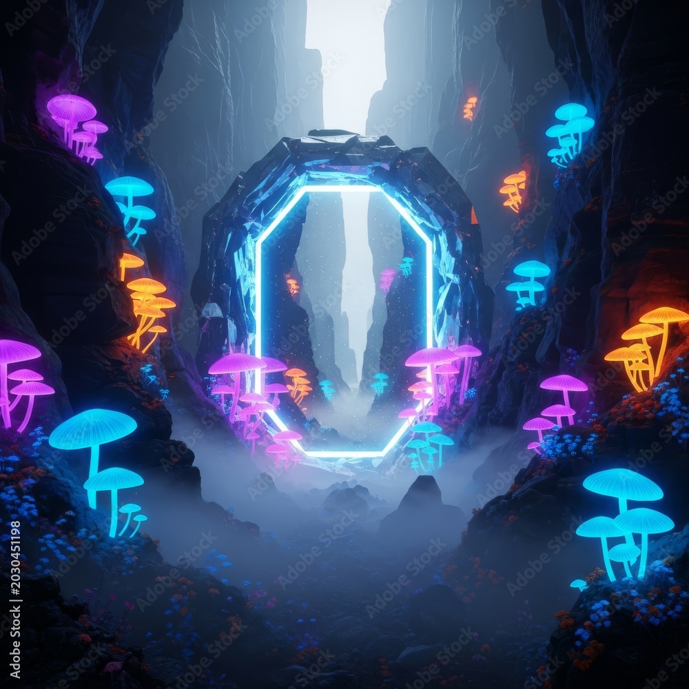 Naklejka premium A massive crystalline portal stands deep within a mystical rocky canyon surrounded by towering neon mushrooms and ethereal luminescent mist, transparent, gateway, cave