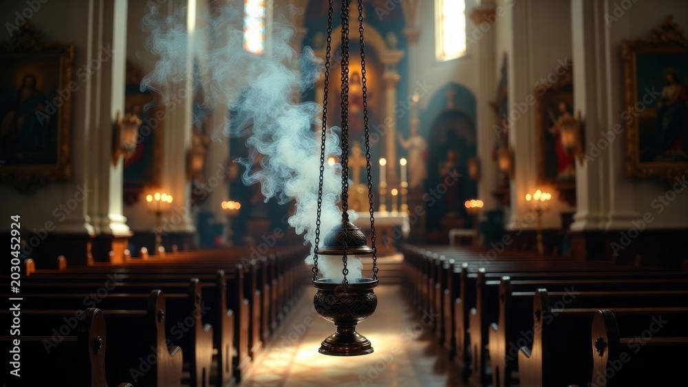 Obraz premium Incense censer swinging and smoking inside church nave