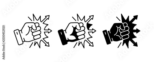 Billede på lærred Fist Punch Icon Set, Impact Strike Vector Graphics, Forceful Hit Symbols