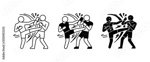 Bild auf Leinwand Martial Arts Combat Icons, Fighting Sport Silhouette Set, Kickboxing Action Grap