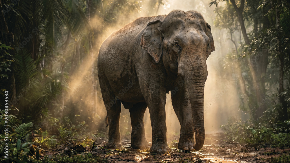 Fototapeta premium Majestic 8 Feet Sri Lankan Wild Elephant in Golden Jungle Sunrise – Ultra Realistic Wildlife Photography
