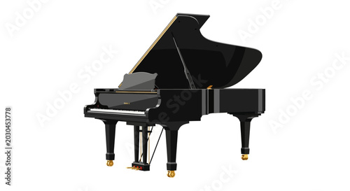 Grand piano, black musical instrument, vector illustration, piano keyboard, music equipment