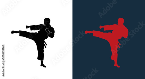 Tableau sur toile Karate Fighter Silhouette Kick - Black and Red Martial Arts Figure