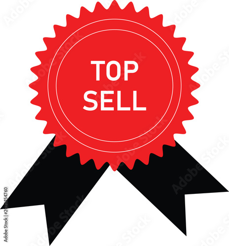 Top sell badge with black ribbon and white text on red circular background isolated on white background, Vector, illustration