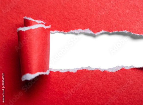 Cuadro en lienzo Tear paper roll reveal with torn sheet with shadow for ad template
