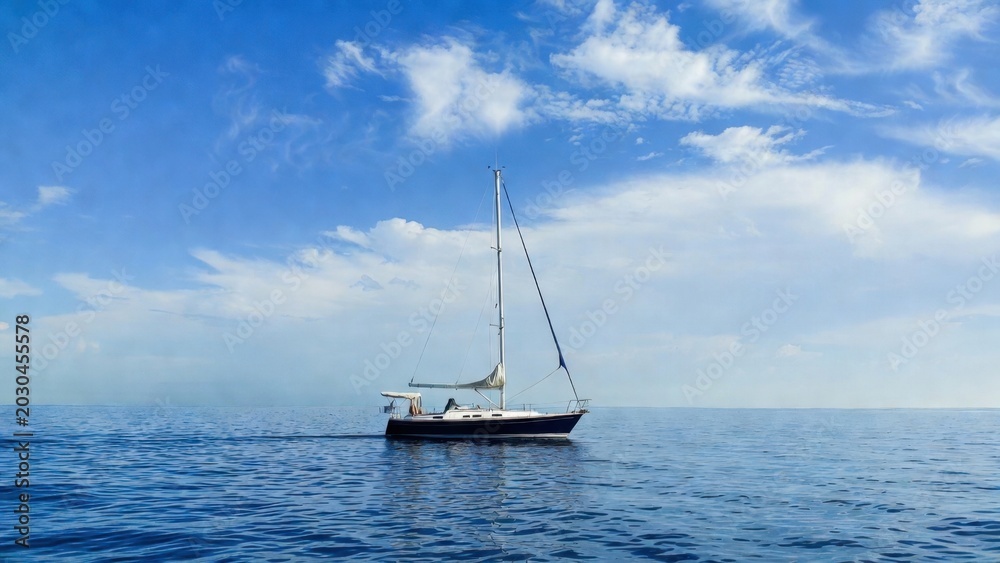 Fototapeta premium Sailboat resting on calm sea under expansive blue sky horizon