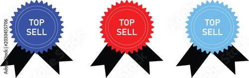 Top sell and top iqp microstock award badges with black ribbons isolated on white background, Vector, illustration