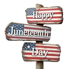 Juneteenth Day celebration sign with American flag design on rustic wood