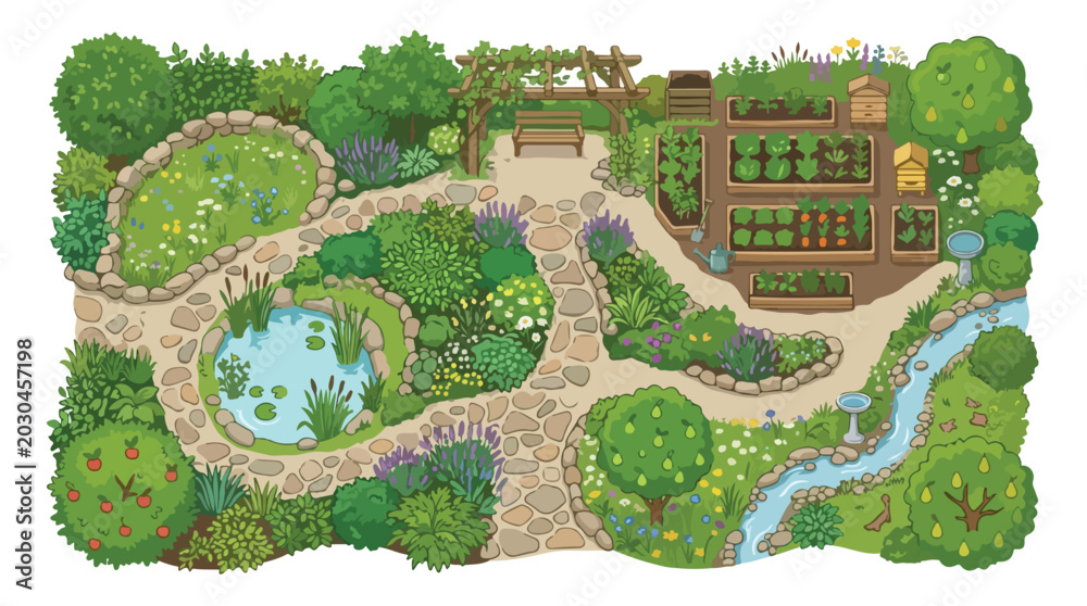 Fototapeta premium Lush garden landscape illustration, detailed backyard garden plan with pond and vegetable beds, sustainable permaculture garden design vector