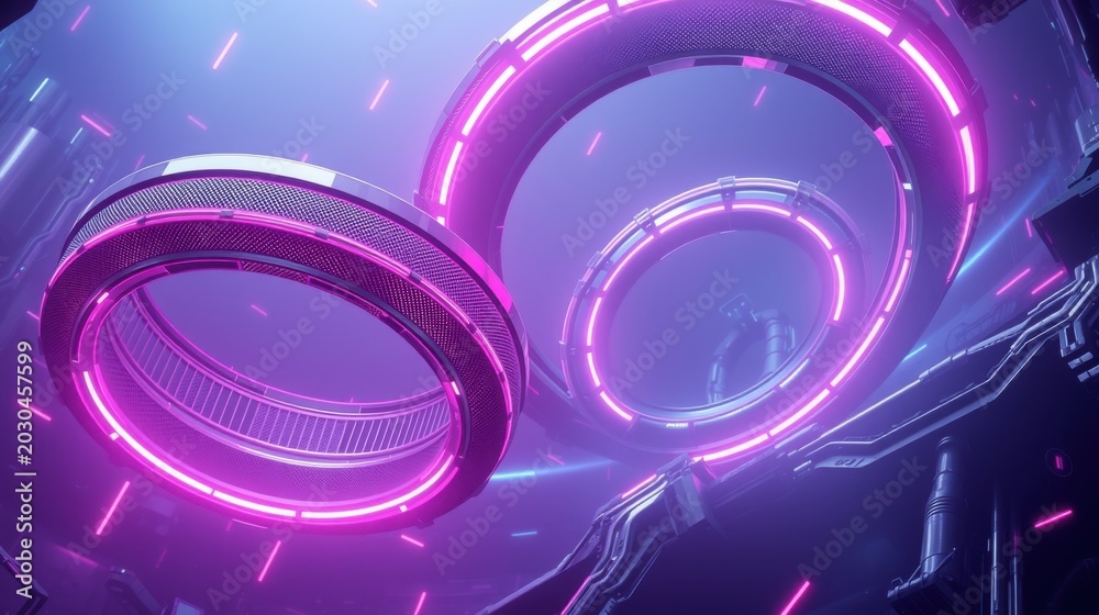Fototapeta premium Futuristic rings glow brightly. Neon lights create abstract tunnel effect. Dark background emphasizes vibrant colors, technology theme.
