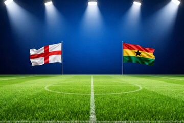 Soccer field with England and Ghana flags