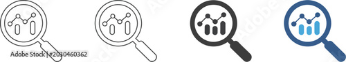 Photos Analytics icon with magnifying glass and line chart vector illustration showcasing business intelligence, performance tracking, dashboard reporting, data monitoring, research, and visualization tools