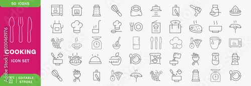 Foto Cooking outline icon set: editable stroke thin line kitchen tools and food symbo