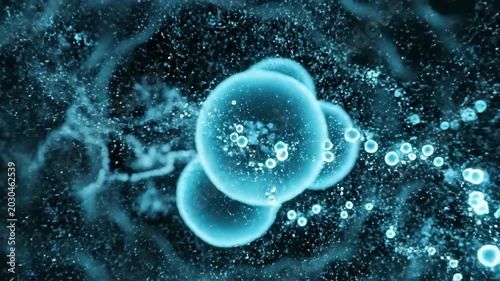 Blue glowing particles and spheres move through a dark space, creating a dynamic flow of energy and matter in a visually captivating microscopic environment