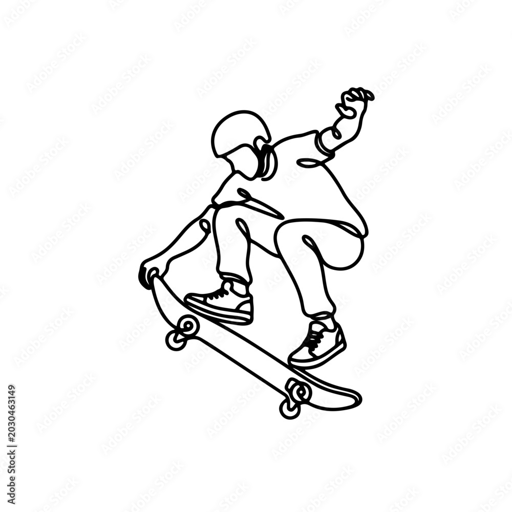 Fototapeta premium Continuous line art skateboarder vector icon, minimalist single line drawing of a person riding a skateboard with dynamic motion. 