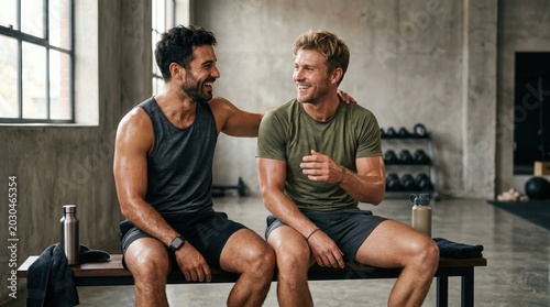 Athletic Gay Men Relaxing After Workout in Modern Fitness Studio