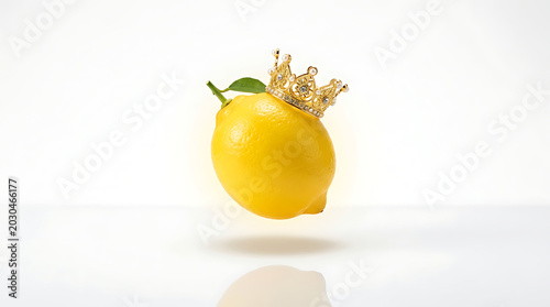 Whimsical Surreal Lemon Wearing Golden Crown Floating Above White Reflective Surface, Playful Absurdist Food Concept 