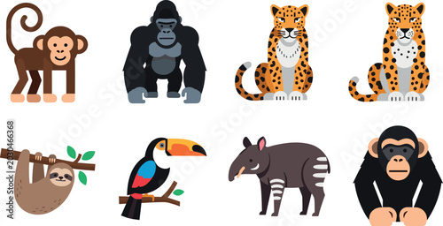 Photography Flat jungle animal icon set featuring monkey gorilla leopard toucan sloth tapir