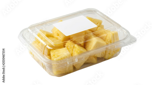 Freshly cut pineapple pieces in clear plastic container grocery store aisle food photography bright environment close-up qrq concept