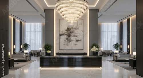 A grand, opulent lobby with a high ceiling and a sweeping chandelier, where a group of people are gathered around a reception desk, engaged in conversation and exchange of pleasantries.