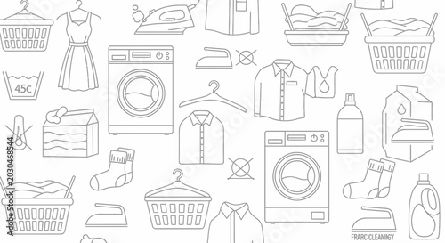 Laundry Symbols and Items Seamless Pattern - Line Art Vector