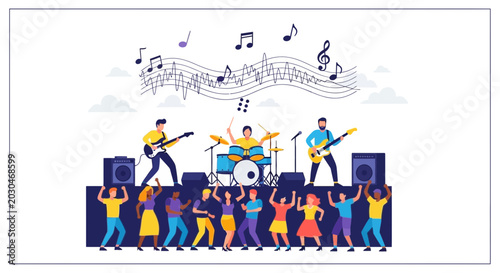 Live Band Performing on Stage with Dancing Crowd