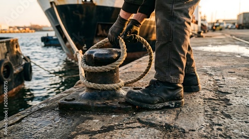 Dockworker secures a thick, weathered rope around a rusted iron bollard at the harbor during a golden sunset.
