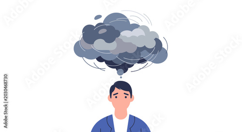 Man with stormy thoughts cloud above head, stress, confusion