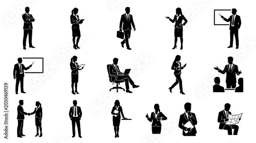 Collection of Business People Silhouettes in Various Poses.