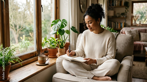 Young Woman Mindfully Journaling by Window in Soft Morning Light with Herbal Tea and Plants, Mental Wellness Self-Care Calm Lifestyle 