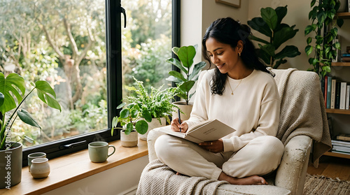 Young Woman Mindfully Journaling by Window in Soft Morning Light with Herbal Tea and Plants, Mental Wellness Self-Care Calm Lifestyle 