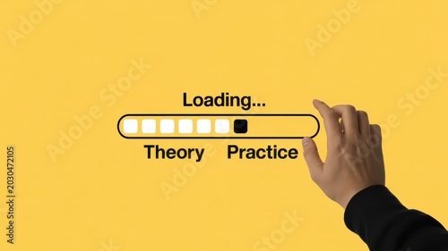 Loading bar with text Theory and Practice and hand on yellow background