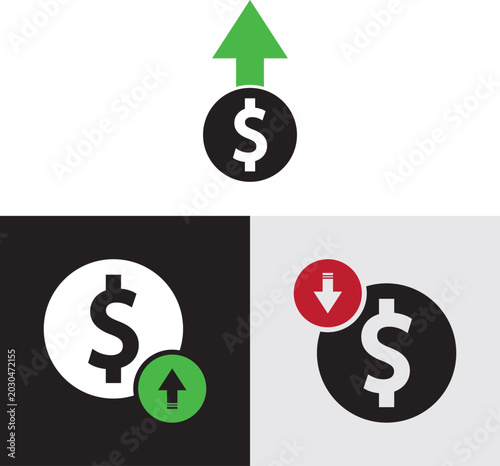 Dollar up and down icon. Price decrease and increase symbol.