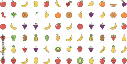 Foto Fruit pattern illustration featuring assorted apples bananas grapes strawberries