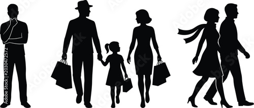 Fotografía Black silhouette family of four walking together in a row outdoors black silhoue
