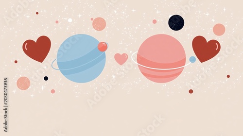 Heart shaped planets orbiting with scattered stars background