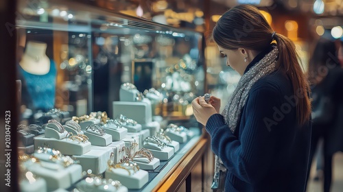 Woman browsing jewelry display cases in elegant boutique with sparkling accessories