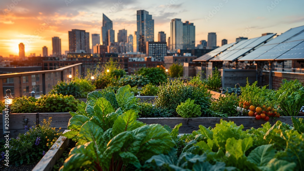 Fototapeta premium Sustainable Urban Rooftop Garden and Solar Panels at Sunset