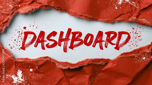 A bold red dashboard concept with torn paper and paint splatters on a white background